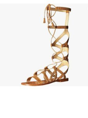YDN Tan Sexy Knee High Lace up Flats Fringe Gladiator Strap Sandals